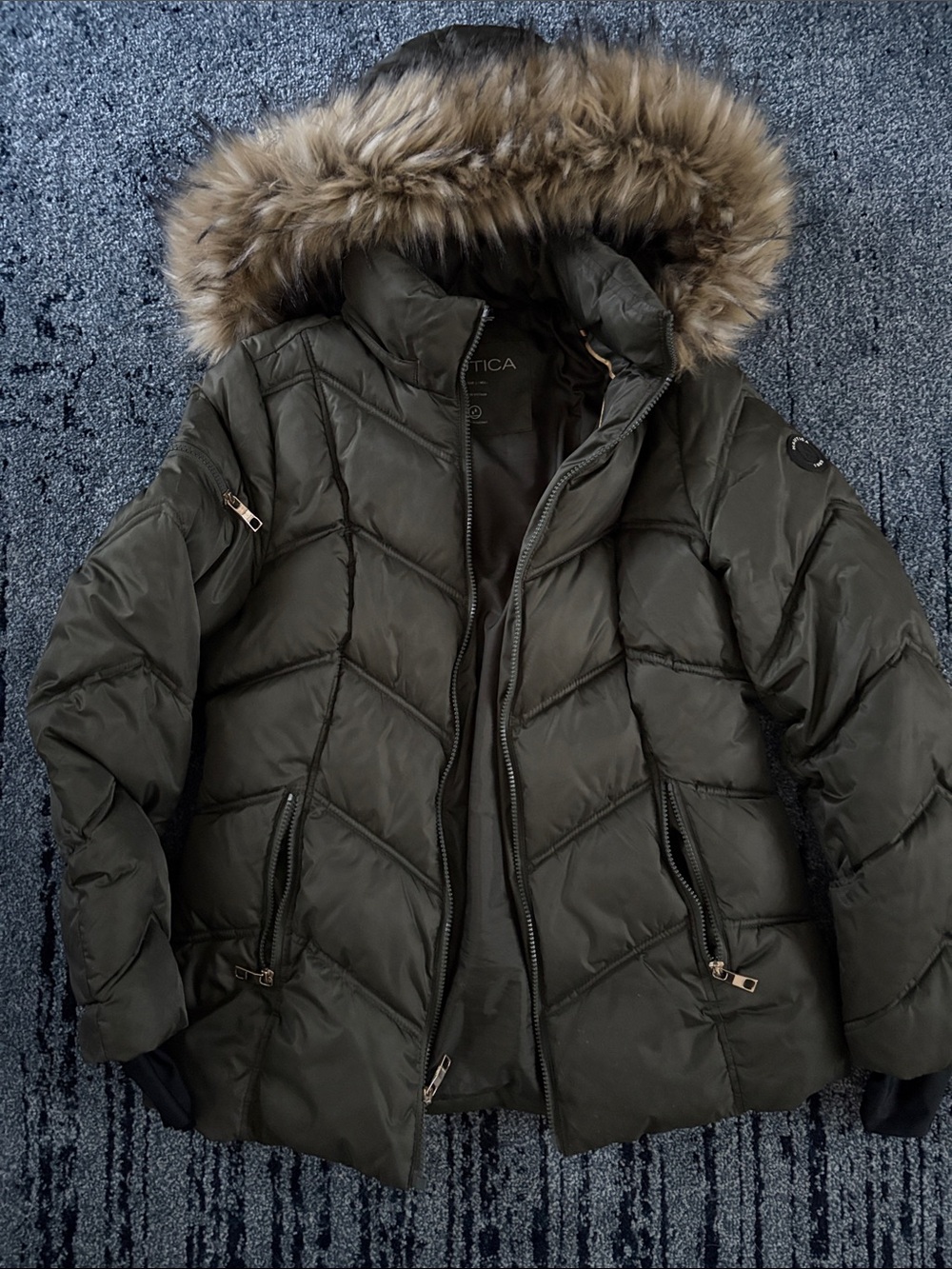 Nautica Women’s Olive Green Puffer Jacket with Faux Fur Hood